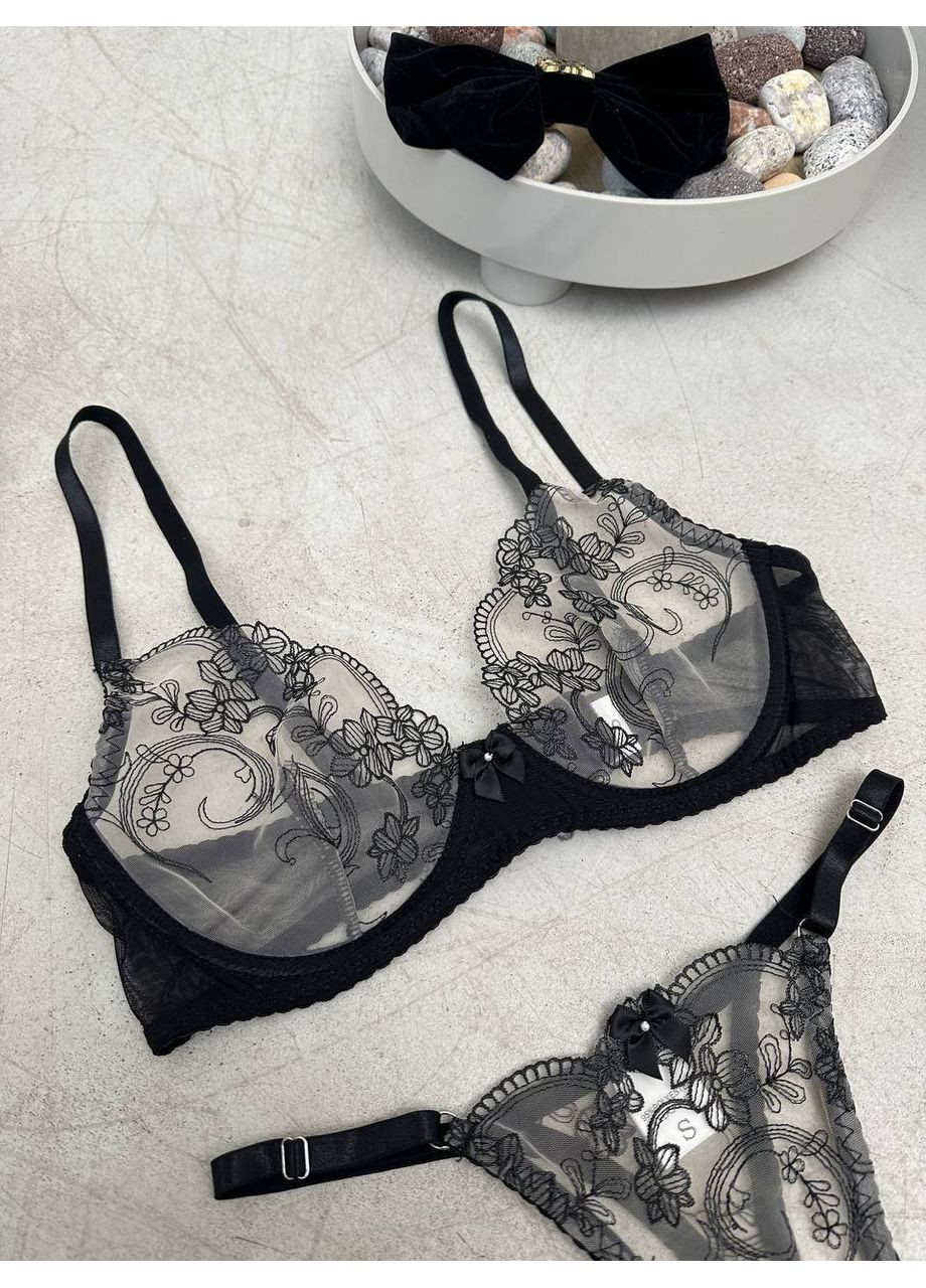 Чорний балконет комплект жіночої білизни | щоденна ніжність, чорний мереживний Vital-Textile з кісточками поліестер