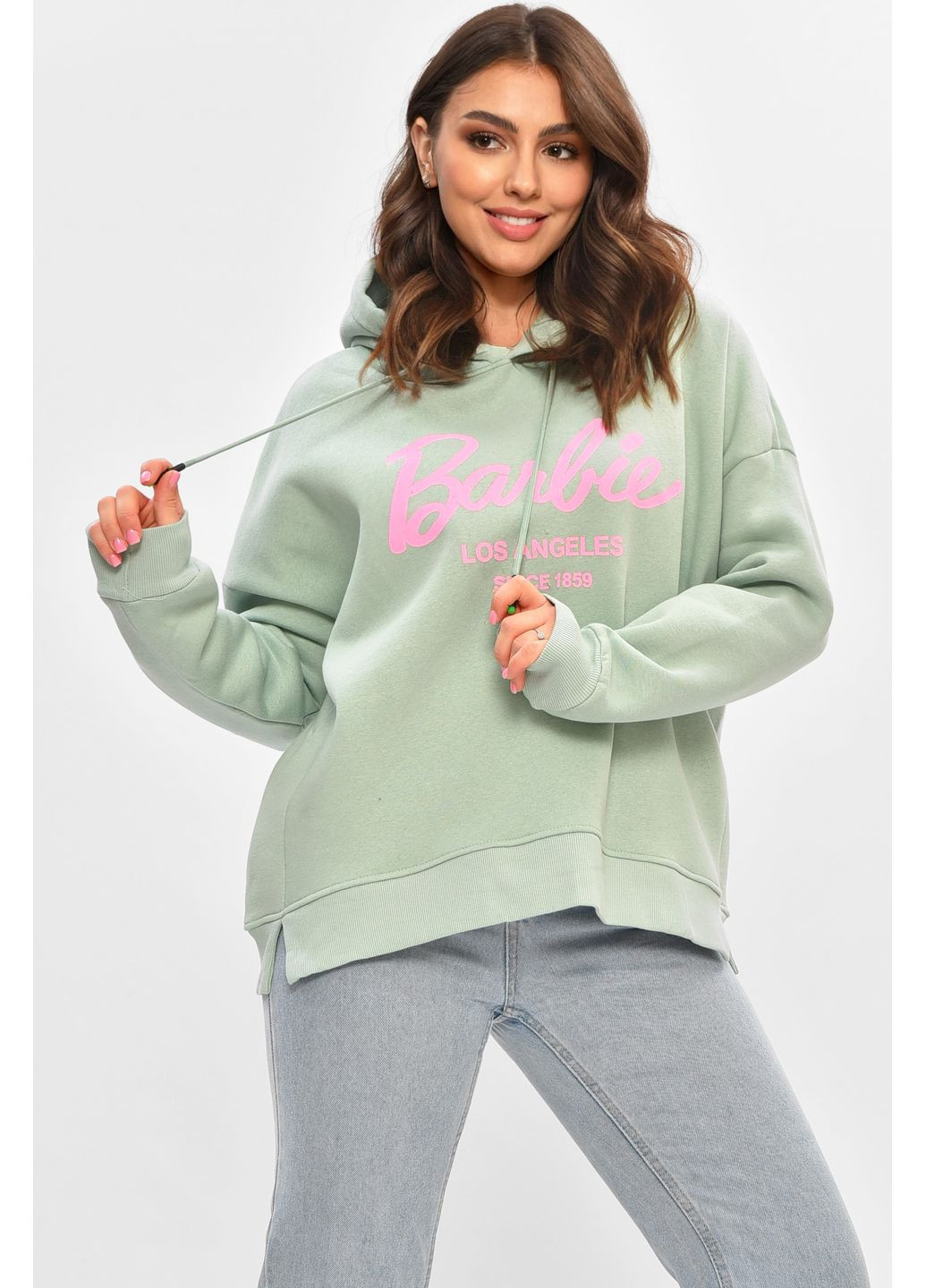 М'ятний худі жіноче напівбатальне на флісі м'ятного кольору з принтом Let's Shop напис без декору (362627019)