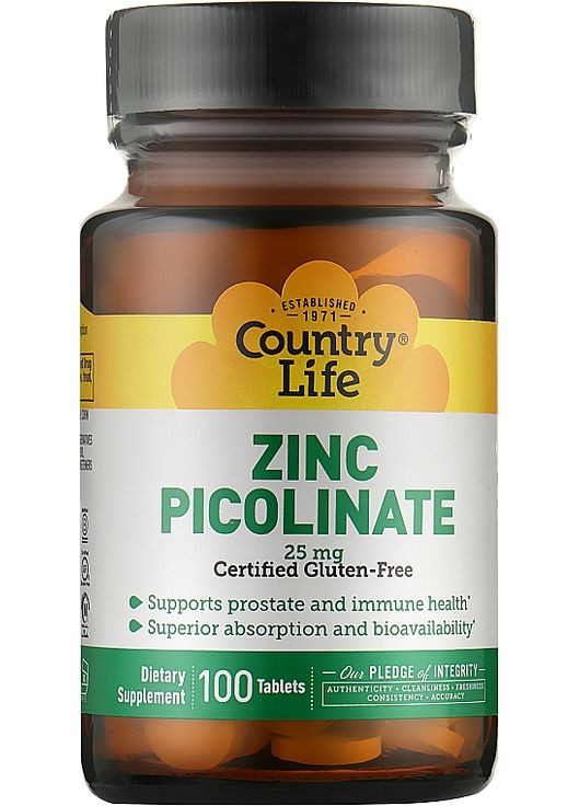 Пиколинат цинка, 25 мг Zinc Picolinate 100шт (934102-31159576) Country Life (368646327)