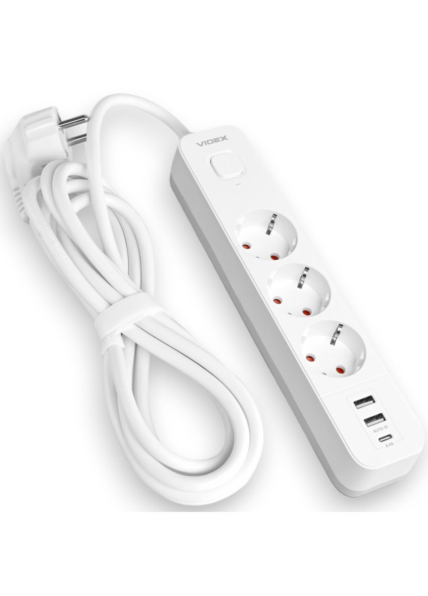 Сетевой удлинитель 3 м 3 гнезда с 2USB+USBC заземлением и кнопкой VF-PD33G2U1C-W Videx (282312809)