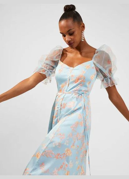 Голубое коктейльное платье а-силуэт French Connection с цветочным принтом