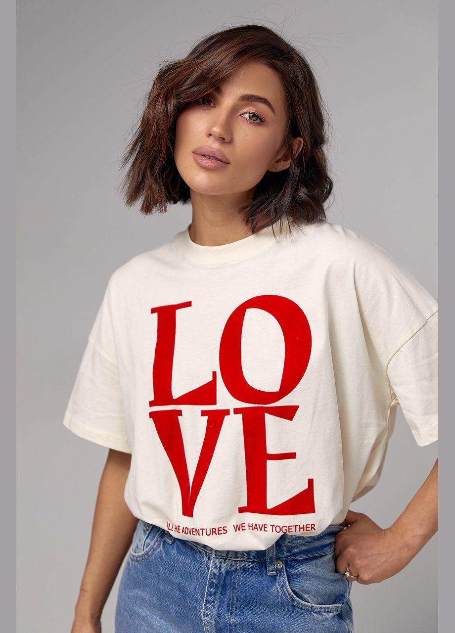 Темно-бежевая летняя женская хлопковая футболка с надписью love Lurex