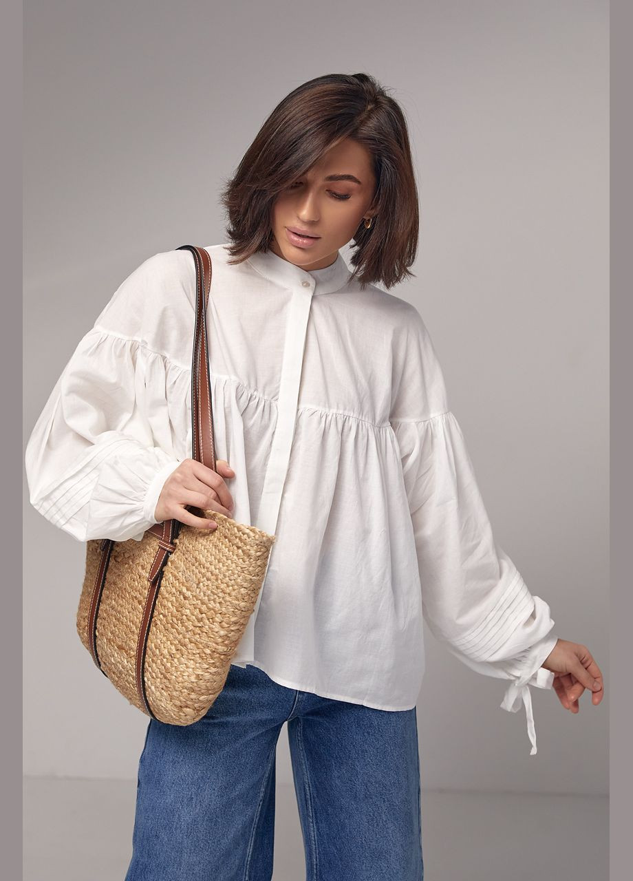 Молочная демисезонная блузка хлопковая с широкими рукавами на завязках Lurex