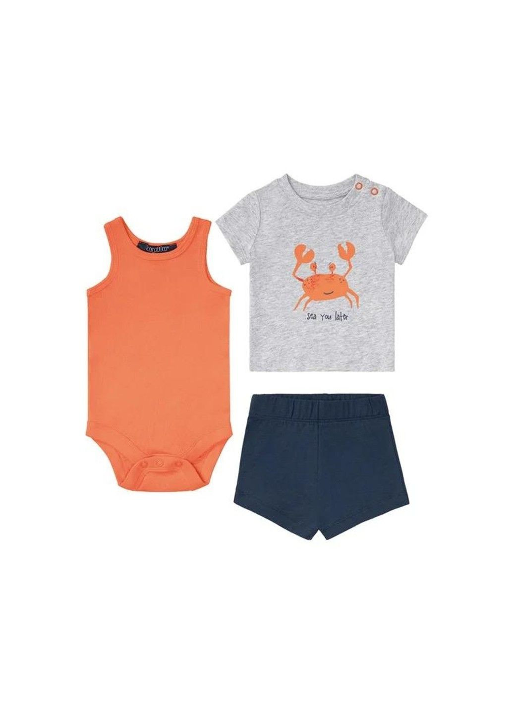 Серый костюм комплект тройка летняя футболка, боди, шорты детский на мальчика, оранжевый, серый, синий Lupilu