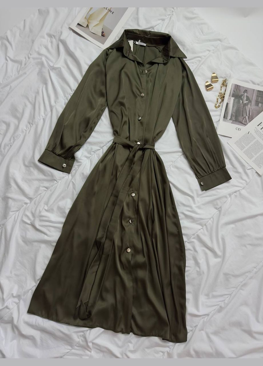 Оливкова кежуал сукня з поясом з шовку сукня-сорочка Adelante однотонна