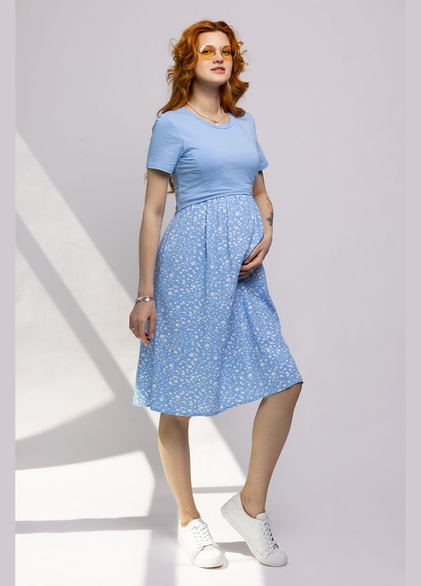 Голубое платье для беременных и кормящих голубое из тонкого хлопкового трикотажа Юла мама