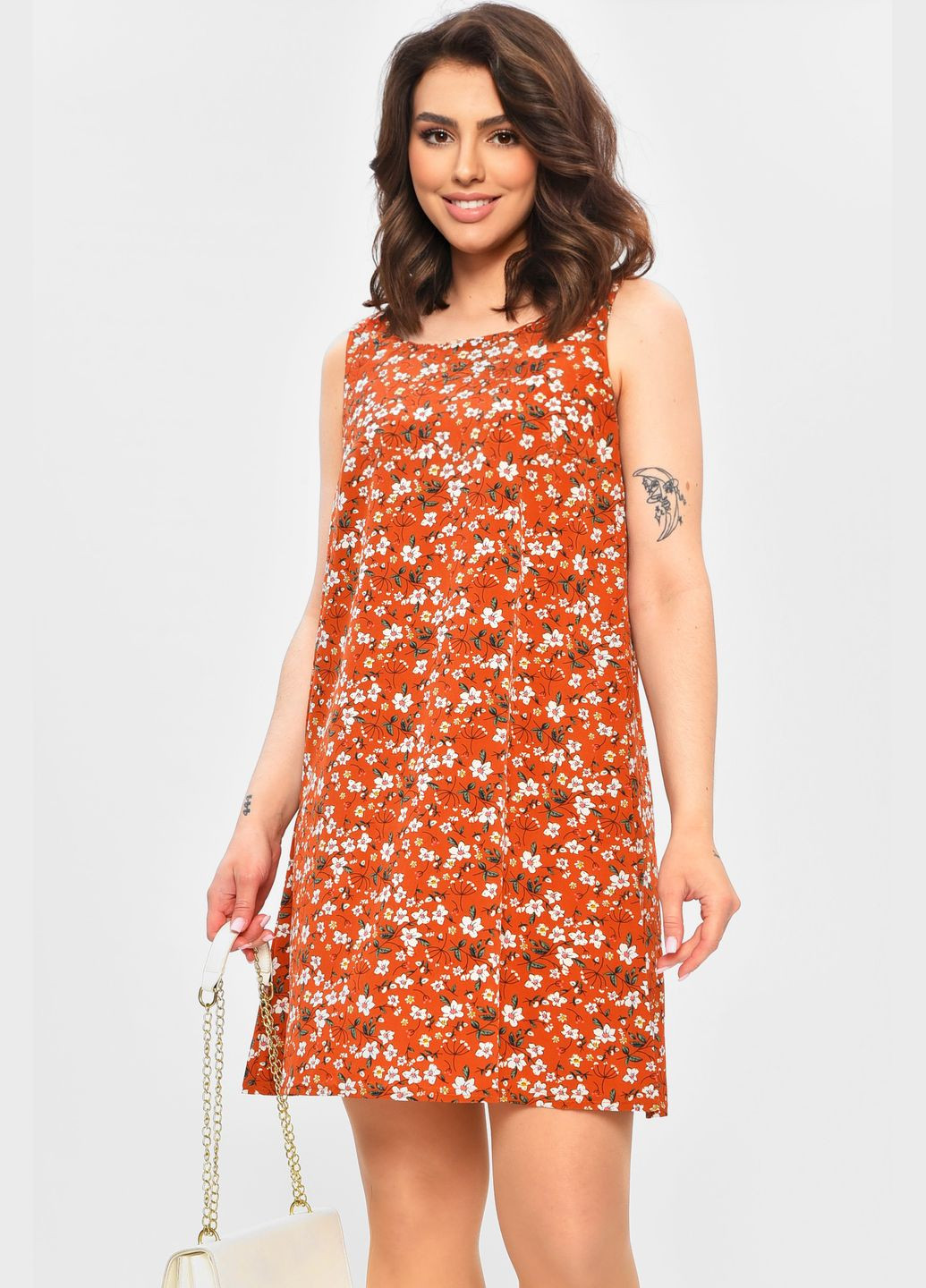 Летний женский сарафан женский коричневого цвета с принтом Let's Shop однотонный