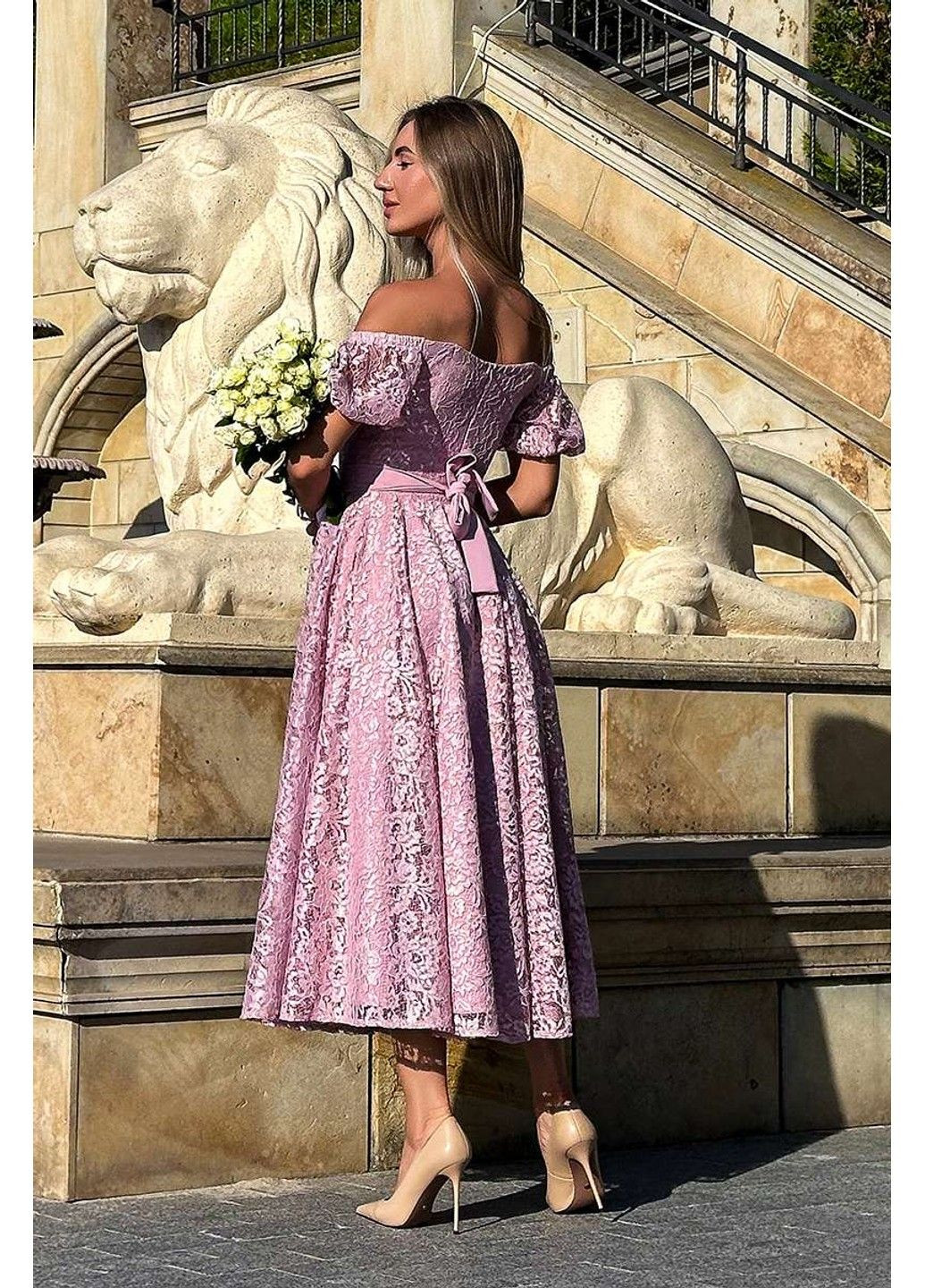 Розовое вечернее платье корсетное гипюровое 24046 розовая Tanita-Romario