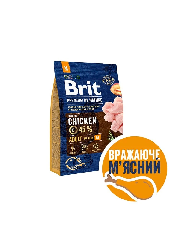 Корм сухой Dog Adult M для взрослых собак средних пород весом 10-25 кг с курицей 3 кг Brit Premium (386997826)