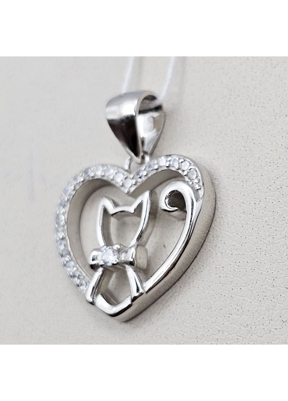 Срібний Кулон з кубічним цирконієм "Котик в сердечку" 2,38 г No Brand (369736565)