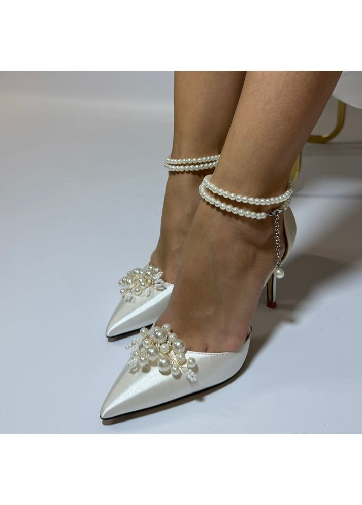 No Brand Жіночі туфлі весільні атласні та ремінцем перли та брошкою 7,5 см білий з текстиль, — (351394539)