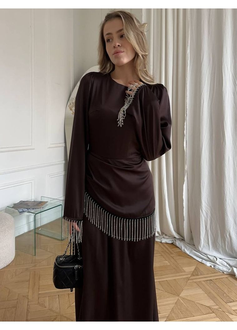 Коричневое праздничный, коктейльное, вечернее элегантное платье из шелка армани декорировано камнями 💎💎💎 а-силуэт Україна однотонное