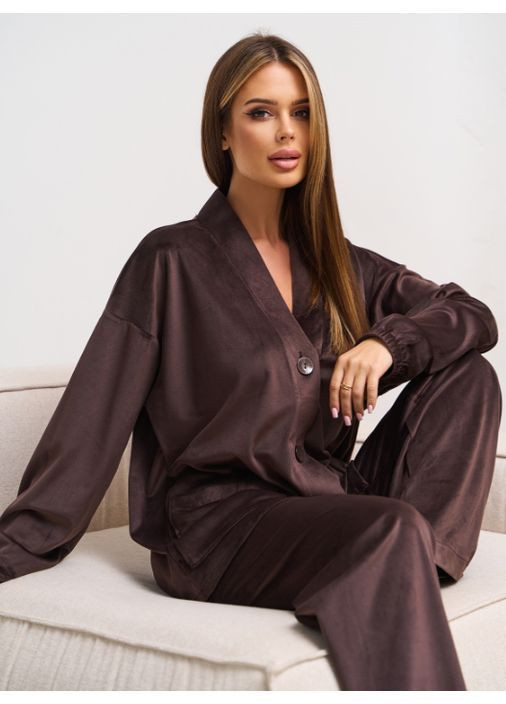 Темно-коричневая всесезон теплая пижама рубашка + брюки No Brand