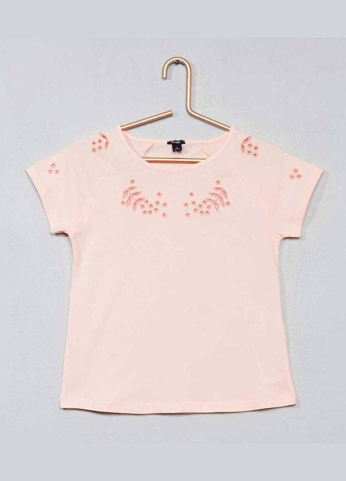Розовая демисезонная футболка хлопковая с вышивкой для девочки vx585 Kiabi
