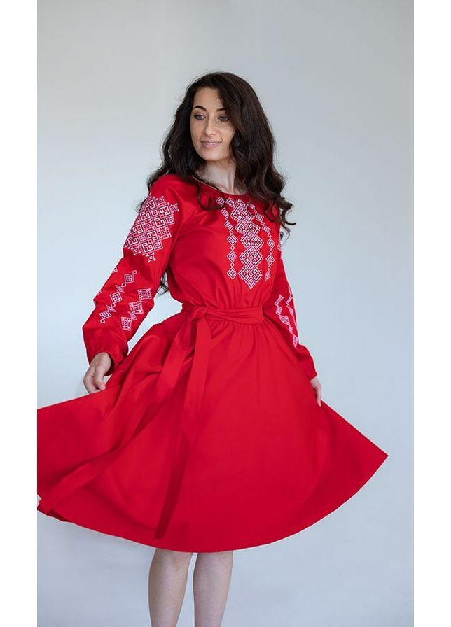 Червона вишита жіноча сукня vishivano4ka 1016-7 візерунок геометричний бавовна, поліестер (366081965)