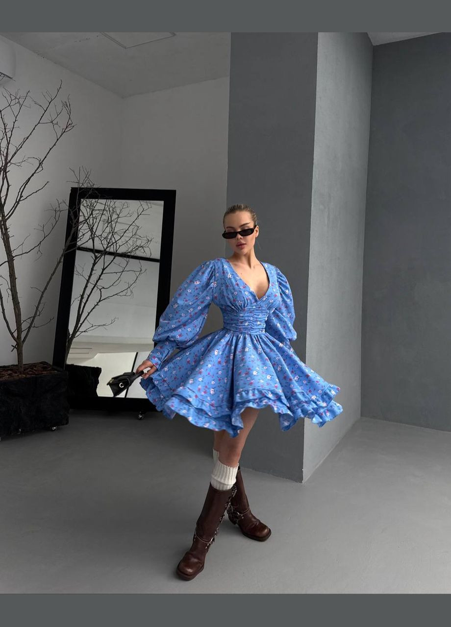 Блакитна кежуал легка жіноча сукня в квітковий принт з пишною спідницею Adelante з квітковим принтом