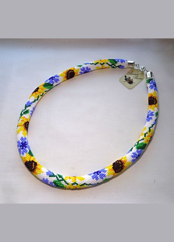 Джгут з бісеру білий прикраса на шию ручної роботи "Волошки і Соняшники" No Brand (358224573)