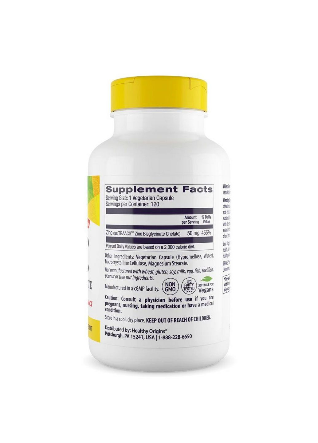 Вітаміни та мінерали Zinc Bisglycinate Chelate 50 mg, 120 вегакапсул Healthy Origins (293478037)