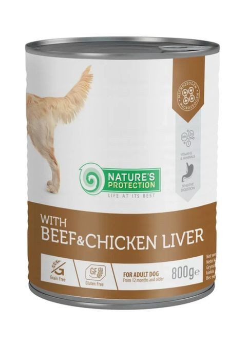 Вологий корм для дорослих собак з яловичиною та курячою печінкою Beef and Chicken Liver 800 г Nature's Protection (361259508)