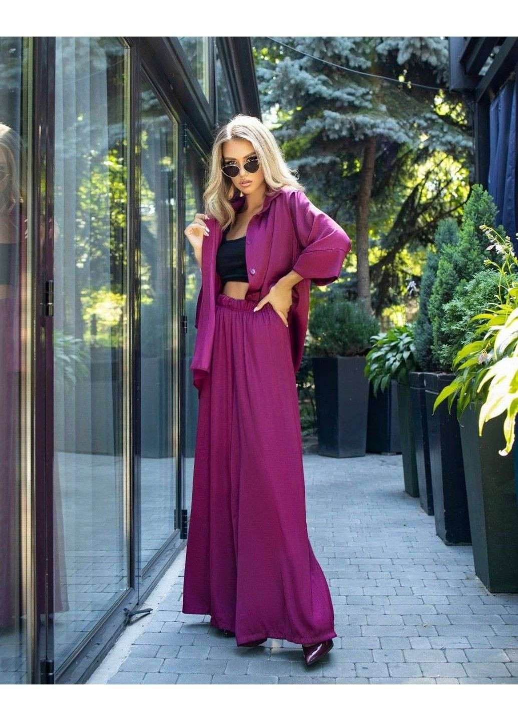 Вільний костюм з жатого шовку, мод КТС-2274-2275, бордовий, розмір 58-60 No Brand (355469522)