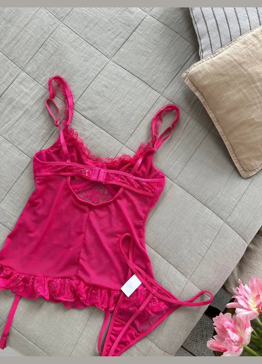 Розовый демисезонный роскошный полупрозрачный кружевной комплект No Brand