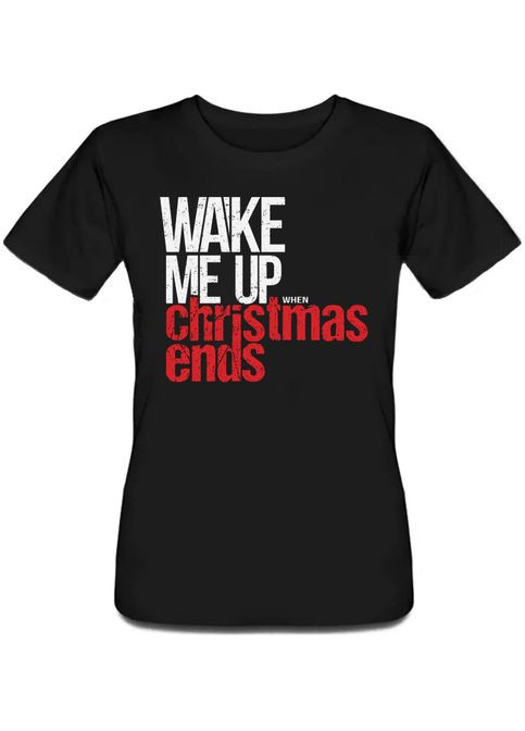 Черная летняя женская новогодняя футболка wake me up when christmas ends (чёрная) Fat Cat
