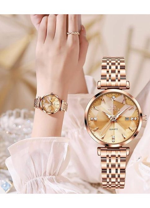 Женские часы наручные OLEVS 5536 Rose Gold классические кварцевые круглые нержавеющая сталь золотой циферблат No Brand (353850253)