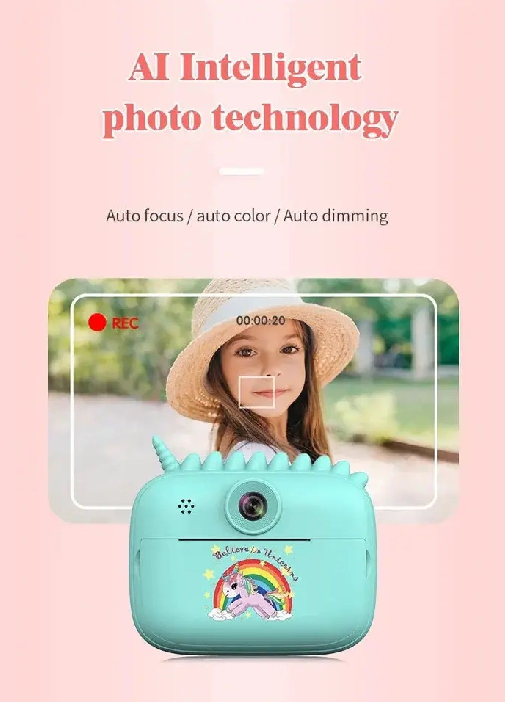 Детский аккумуляторный развивающий фотоаппарат с термо печатью рулонами 2 шт (478051-Prob) Единорог бирюзовый Unbranded (302232319)