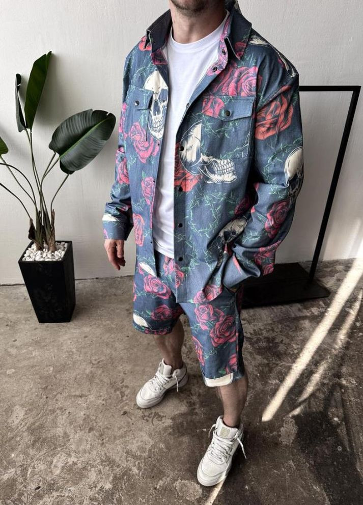 Синій демісезонний стильний літній синій чоловічий костюм з яскравим дизайном No Brand