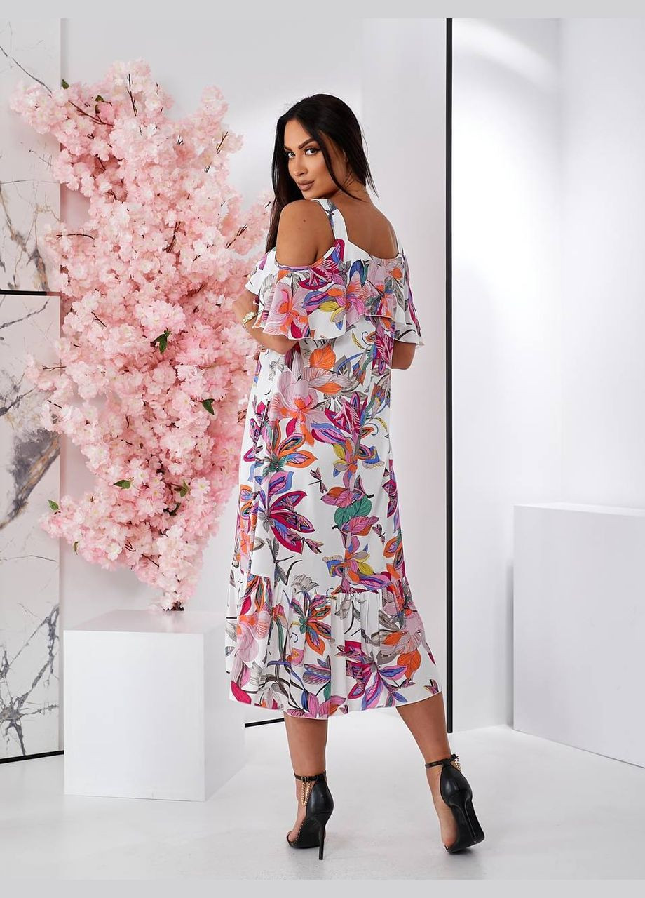 Белое праздничный, коктейльное, повседневный, кэжуал, вечернее стильное яркое платье с открытыми плечами No Brand с абстрактным узором