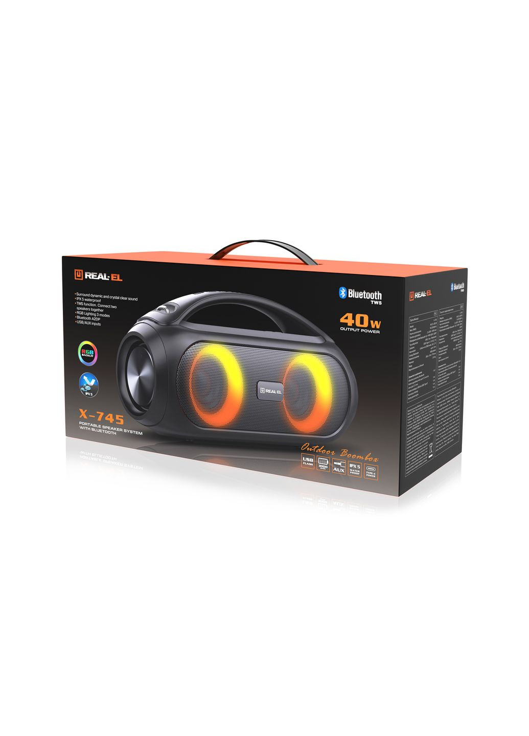Колонка X-745 Black (40Вт, Bluetooth, USB, AUX, 3000мА*ч) Real-El (333824476)