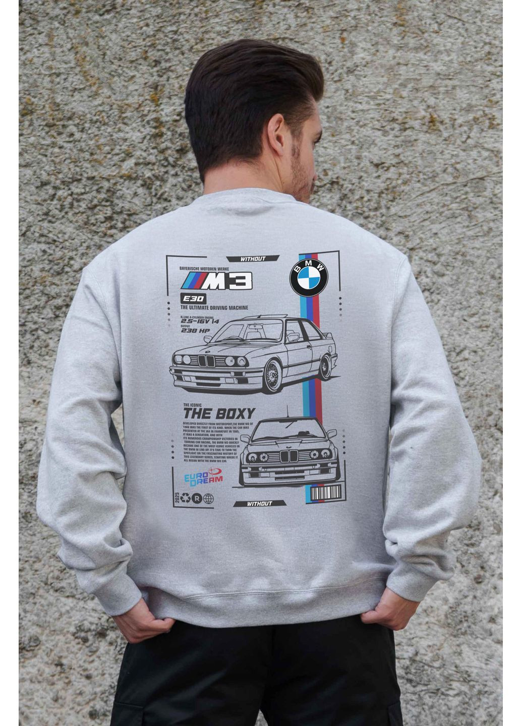Серый мужской утепленный оверсайз свитшот на флисе с принтом bmw Without однотонный без декора (361267548)