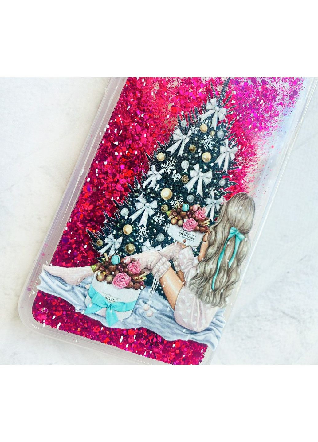Чохол з плаваючими блискітками на Xiaomi Redmi Note 11 Pro Рожевий Дівчина біля ялинки (принт 139) CASE CONTROL (362968209)