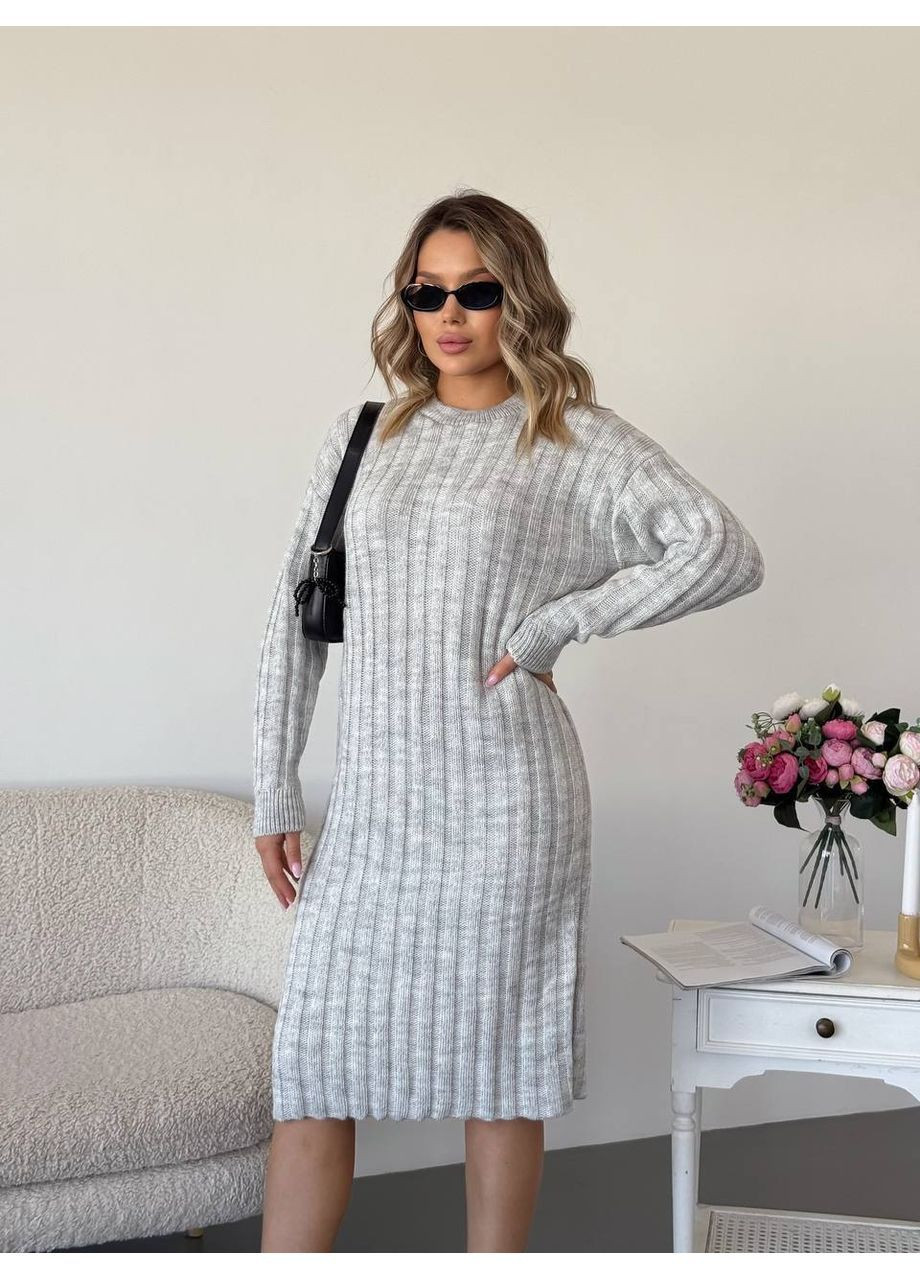 Серое праздничный, повседневный женское вязаное платье No Brand однотонное