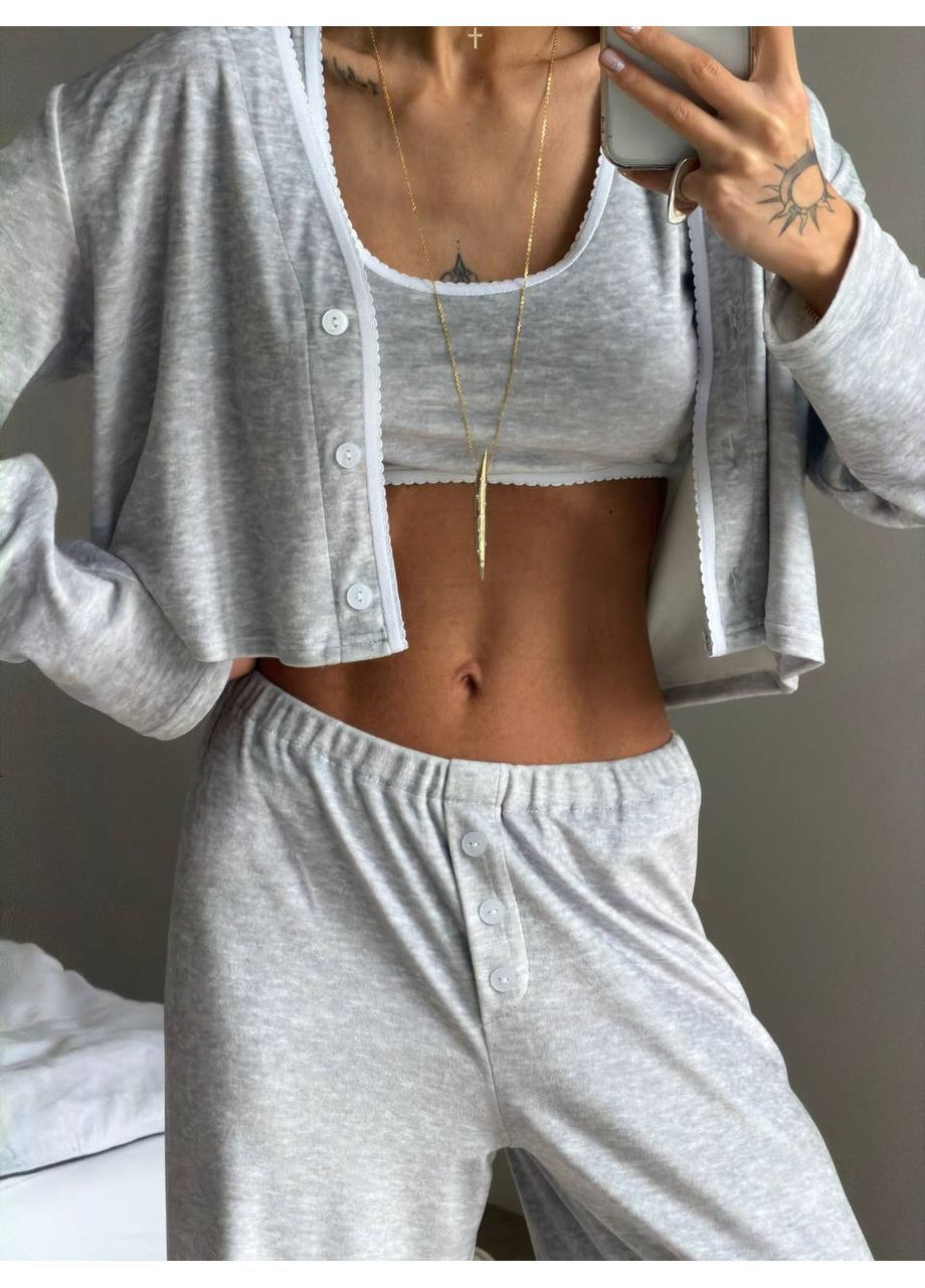 Сіра зимня жіноча піжама трійка сорочка + топ + брюки Asi.Store.ua