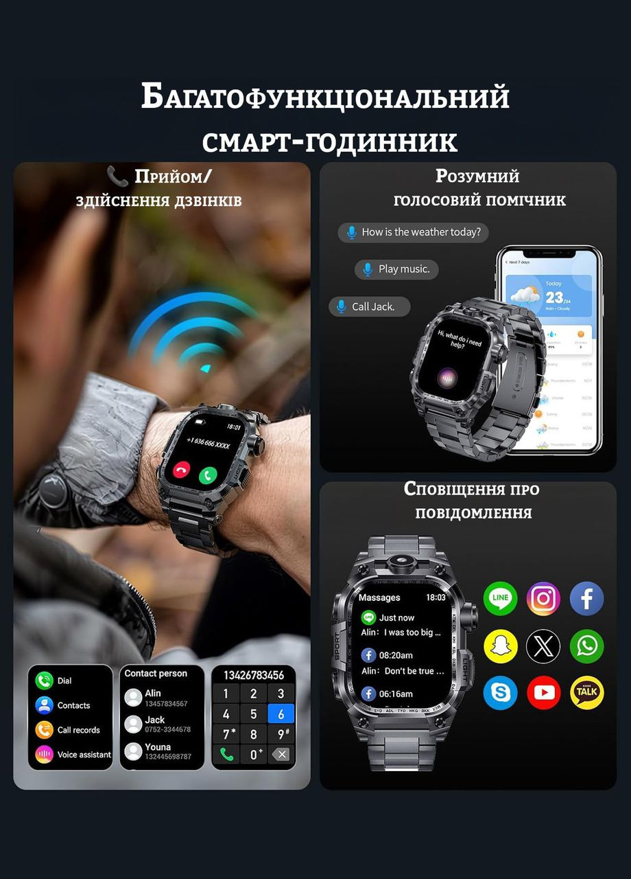 Умные часы TactiX для мужчин с LED-фонариком, звонками, спорт режимами для iPhone и Android, мужской фитнес-трекер No Brand (323147804)