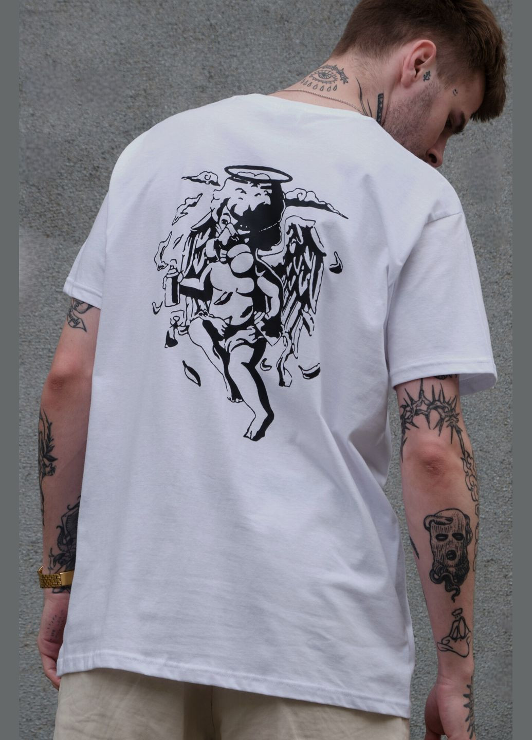 Белая мужская оверсайз футболка с принтом respirator white Without