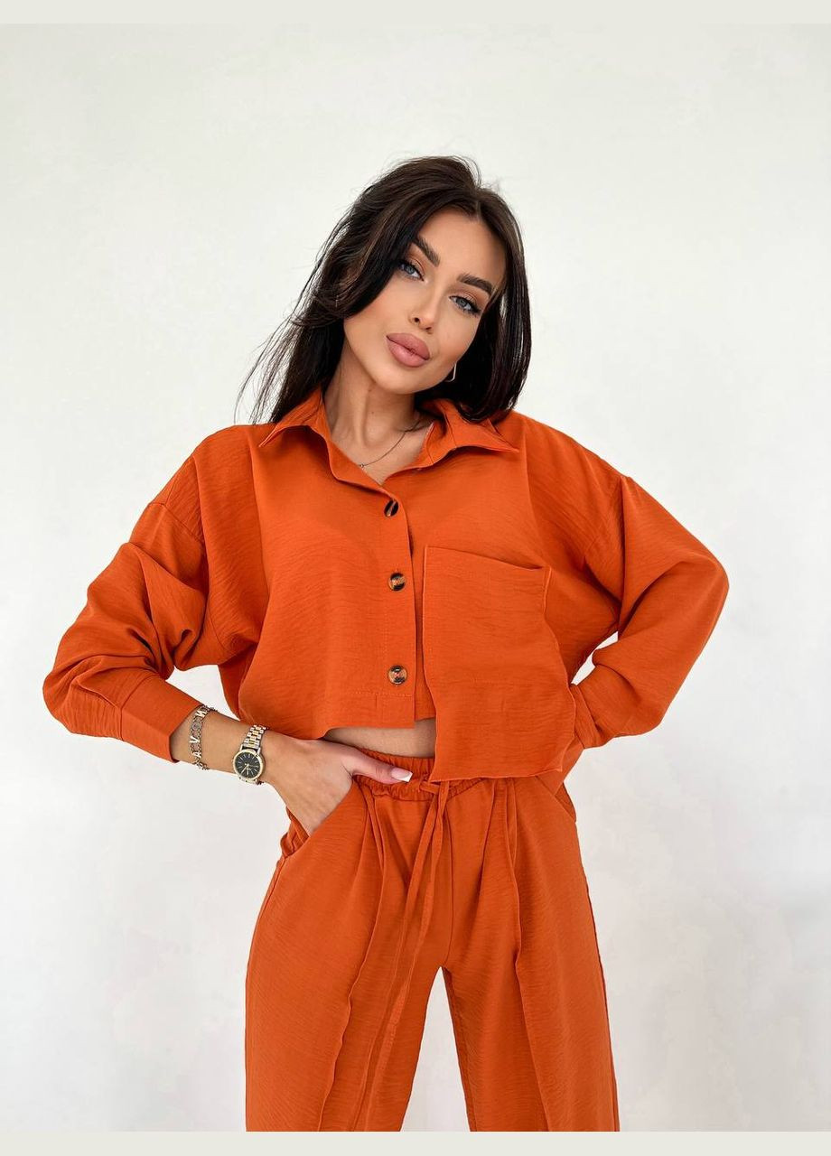 Яркий летний костюм двойка из качественной ткани: креп-жатка (рубашка+штаны клёш), стильный оранжевый костюм 2-ка No Brand 254-1 (289361151)