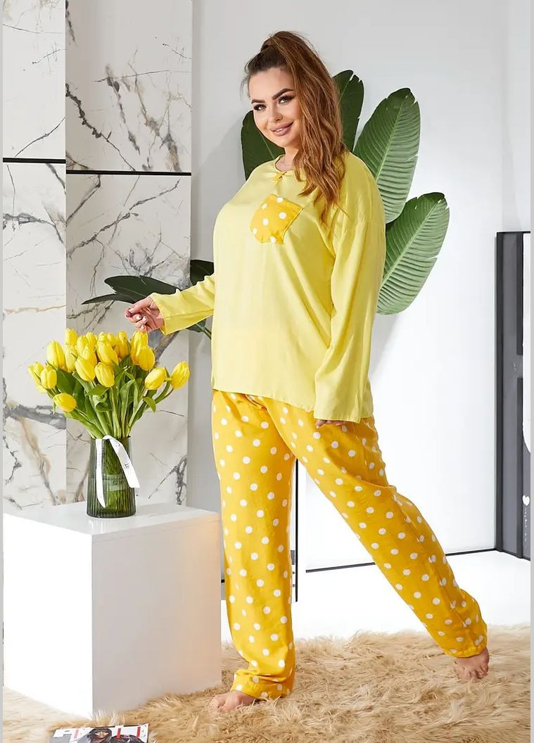 Жовта всесезон піжама жіноча батал, домашній костюм зі стрейч трикотажу лонгслів + брюки No Brand піжама