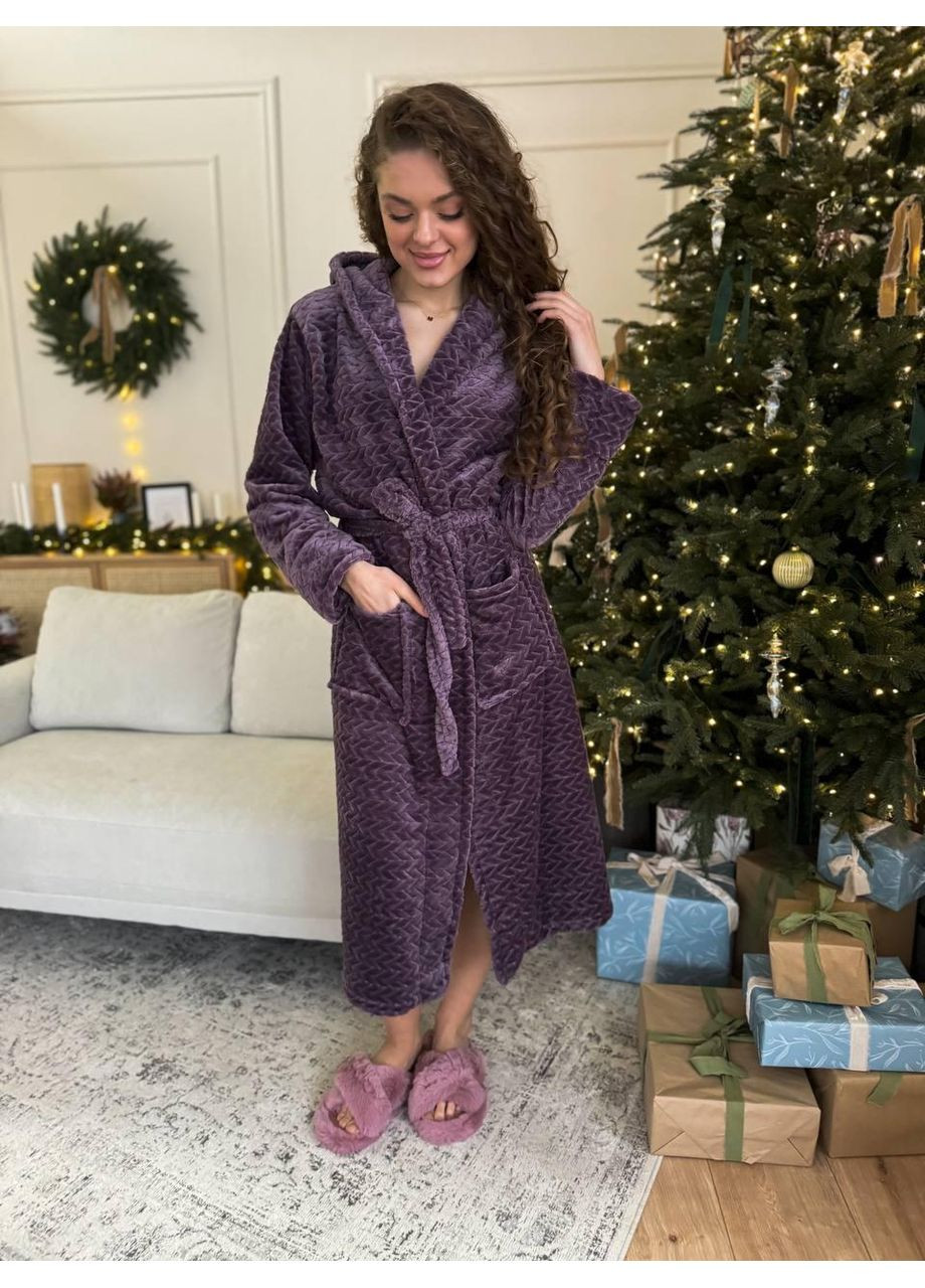 Халат женский махровый длинный с поясом и карманами. Халат махровый теплый женский фиолетовый с капюшоном. No Brand (366571676)