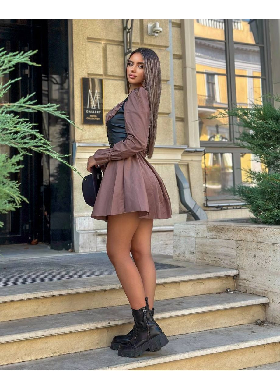 Коричневое повседневный платье из натурального коттона и экокожи – идеальная талия и стильный силуэт (замеры в описании) GD/GL Модний простір однотонное