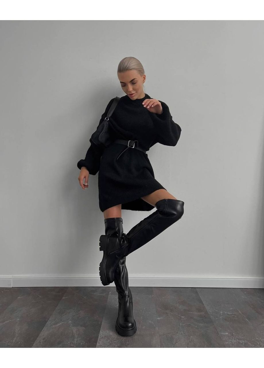 Черное ангоровое платье с поясом Fashion