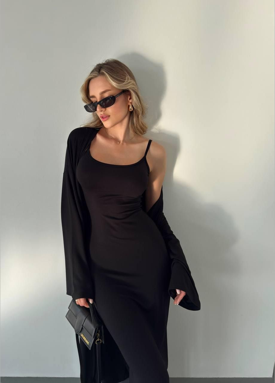 Черное повседневный платье женское - однотонное, длина макси + кардиган JUGO однотонное