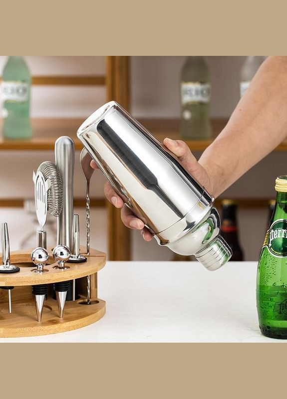 Набір для бару BAR для приготування коктейлів з дерев'яною підставкою 750 мл 12 предметів Сріблястий (C051212) B.A.R. (349843708)