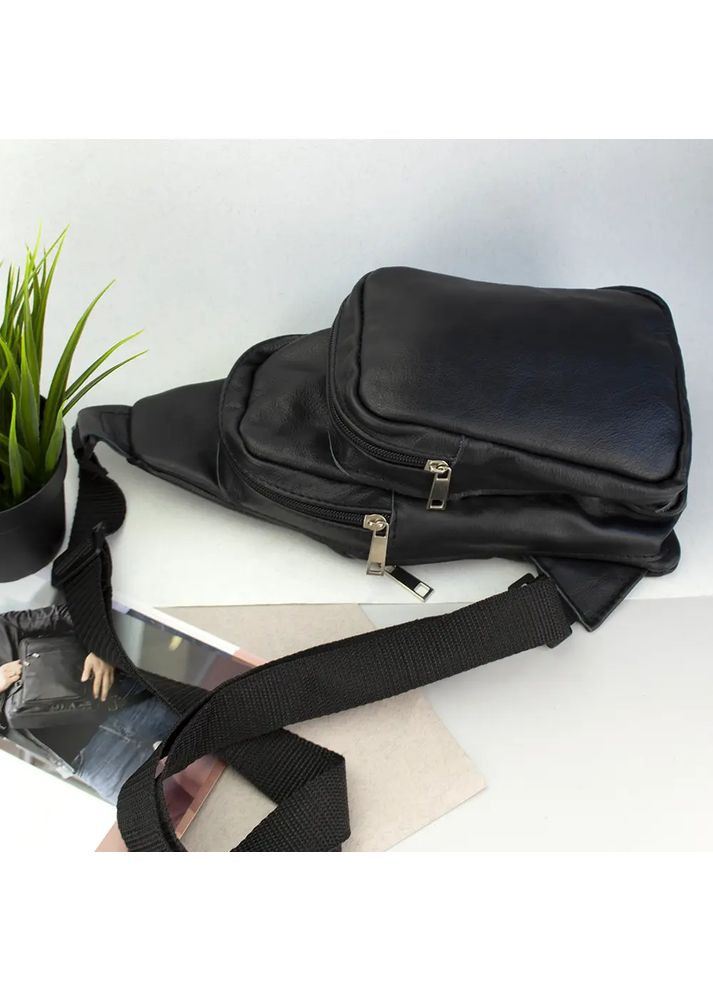 Стильная мужская сумка - бананка, слинг нагрудная из натуральной кожи на молнии чёрная No Brand (372017449)