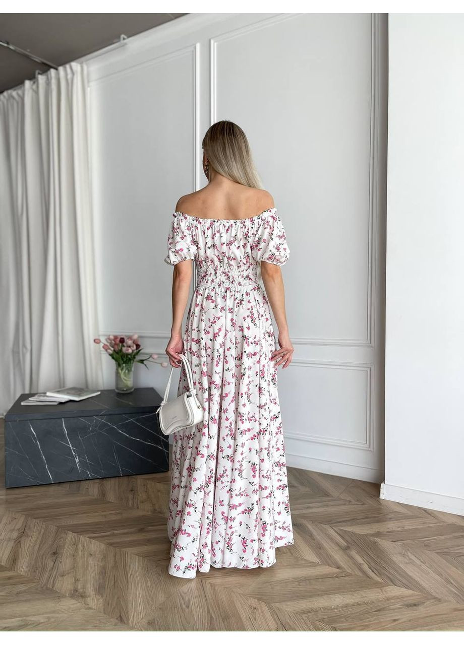 Білий святковий, повсякденний, вечірня, пляжна, кежуал жіноча довга сукня з відкритими плечима Vakko з квітковим принтом