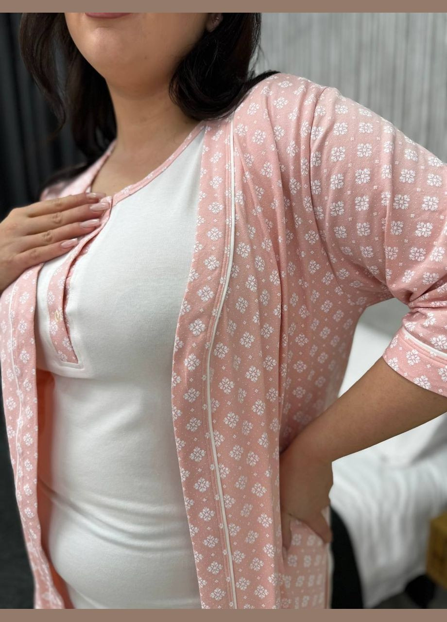 Світло-рожевий демісезонний ніжний піжамний комплект сорочка з халатом Vakko