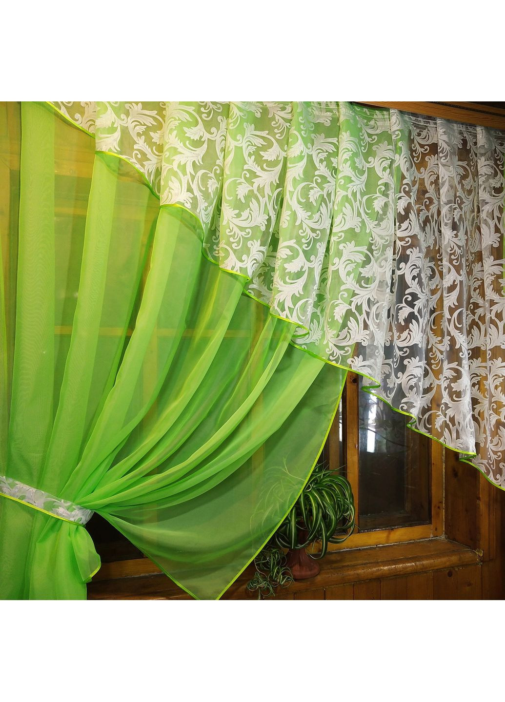 Занавеска кухона готовая короткая Анжелика салат вензель левая No Brand (372134107)