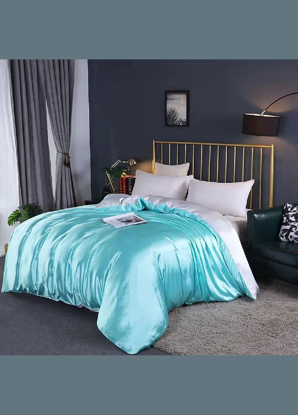 Атласное Бело-Голубое Евро постельное белье 200х220см Moka textile (316632899)