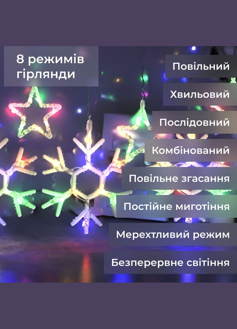 Гирлянда-штора Звезды и снежинки размер 3*0,9 м 10 фигур, мультиколор GarlandoPro (328441207)